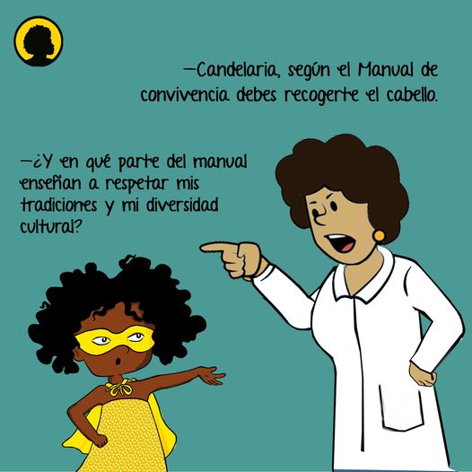 Caricatura sobre discriminarión a niña afro por su peinado por parte de profesora