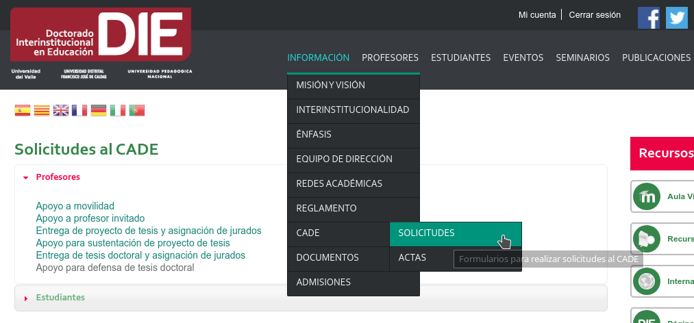 Imagen del menú de la página web del DIE